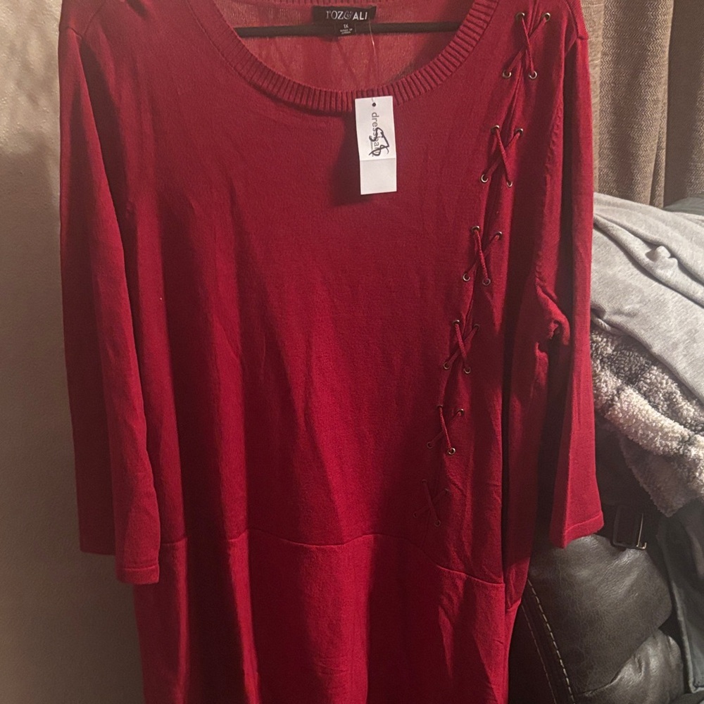 Red TOZZI ALI Sweater with Lace-Up Detail